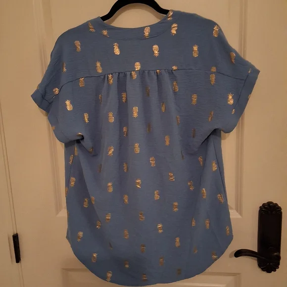 Chenault Blue Blouse with Gold Pineapple Print - Picture 4 of 6